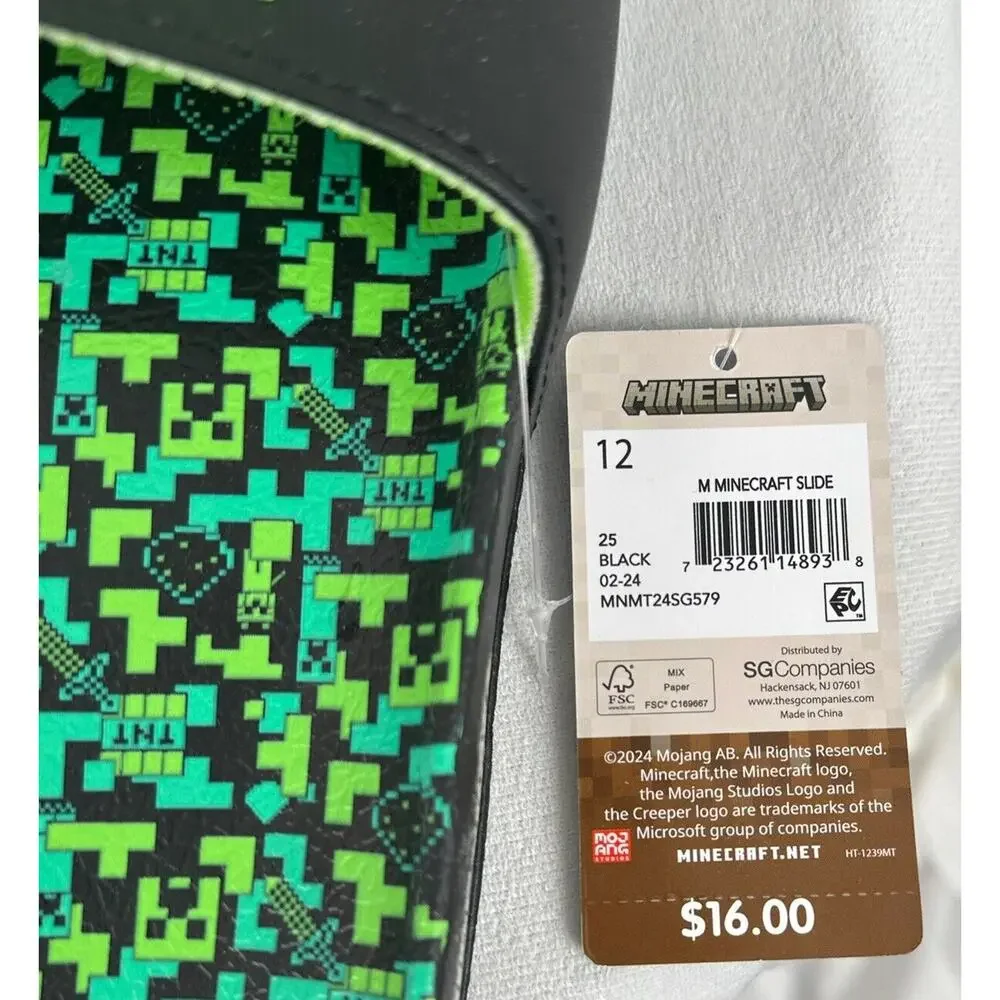 Minecraft Gamer Adult Comfort Green Black Slides Size M12 New With Tags